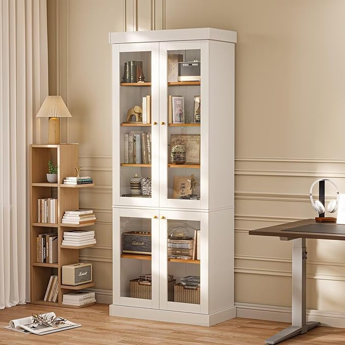 70.8" Tall Farmhouse Kitchen Pantry Cabinet with Glass Doors, Modular Storage Cabinet with 6-Tier Adjustable Shelves, White, Wooden Hutch for Kitchen, Living Room, Set of 4
