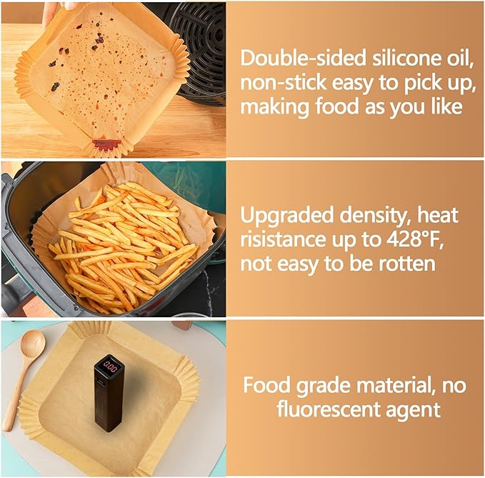 9 Inch Air Fryer Paper Liner Disposable, 200PCS Non-Stick, Oil-Proof & High-Temperature Resistant Square Baking Parchment Paper for Air Fryer, Microwave and Oven（Bottom Is 8 Inch）