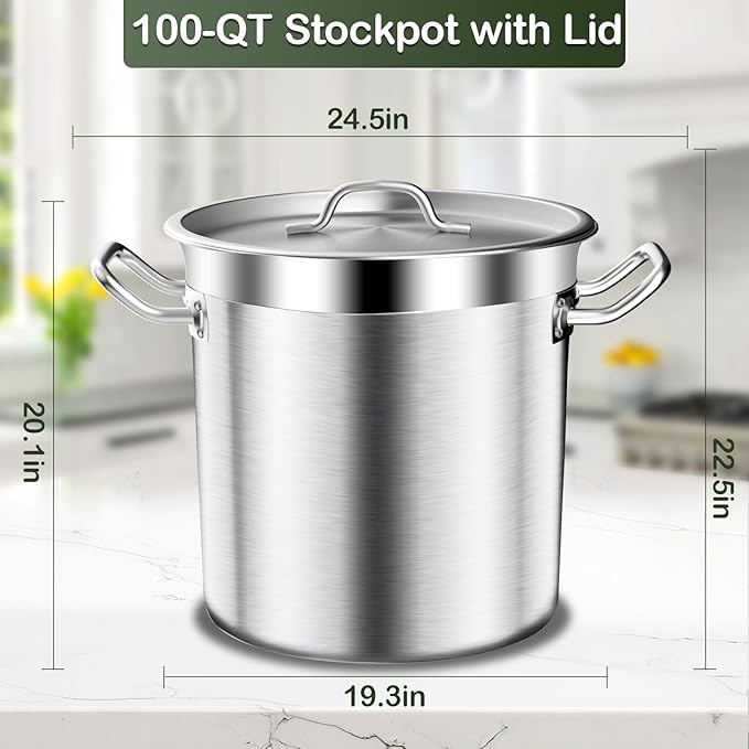 Stainless Steel Stock Pot,100 QT Large Stock Pot with Lid, Heavy Duty Tri-Ply Bottom Commercial Grade Stock Pots for Boiling Cooking Soup Stew Thick Bottom Big Stockpots, Deep Cookware