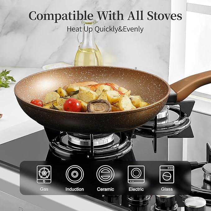 Innwewell Non Stick Frying Pan - Granite Stone Non Stick Skillet Frying Pans, Safe&No Toxic Egg Omelette Frying Pan, Nonstick Cookware Cooking Pan, Induction Compatible, PFOA Free(9.5inch, Gold)