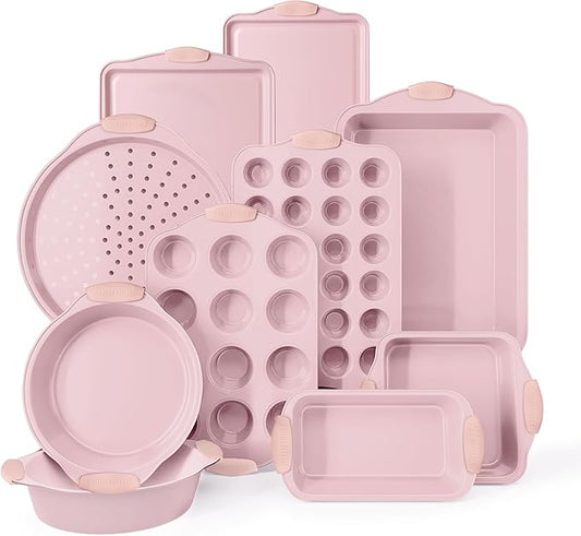 Country Kitchen Nonstick Stackable Bakeware Set - Heavy Duty, Durable, Easy Release Baking Set, Pink, 10 Pcs