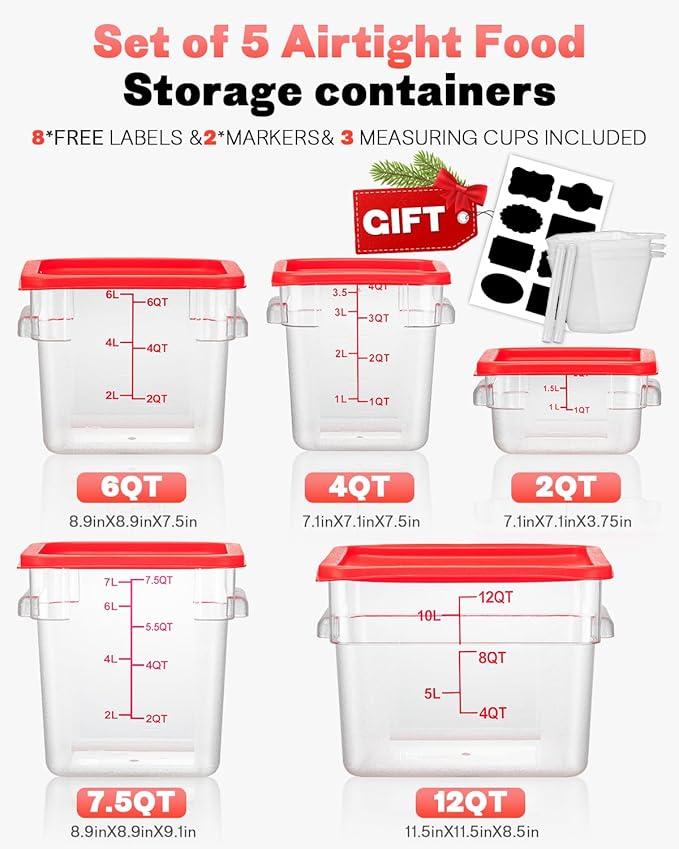 2QT NSF Food Storage Containers: 2 PCS [Food Grade][Hot&Cold Resistant] Commercial Clear Square Food Storage Containers with Scales Handles for Home Restaurant Kitchen Proof Dough(BPA FREE)