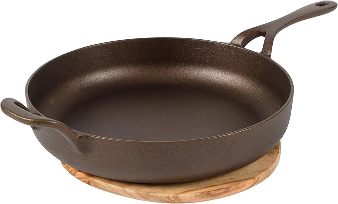 Bloomhouse Natural Bronze Finish 10-Inch Cast Iron Skillet with Long Handle, Helper Handle & Olive Wood Trivet – Olive Oil Treated Fry Pan, Oven & Stovetop Safe