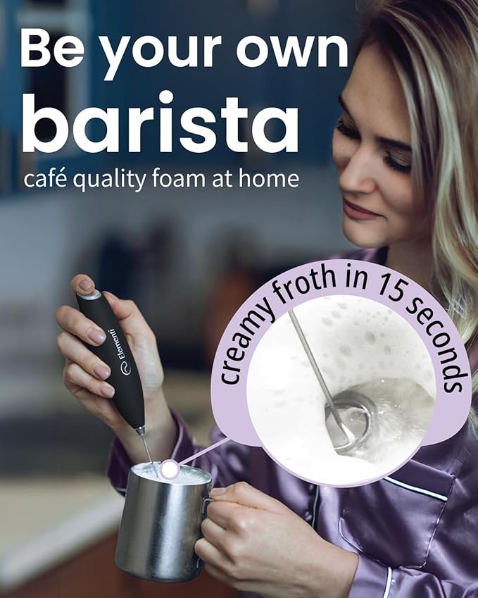 Elementi Electric Milk Frother Handheld - Create Creamy Coffee, Delicious Matcha and Perfect Drinks - Compact Whisk & Mixer with Stand - Light Blue