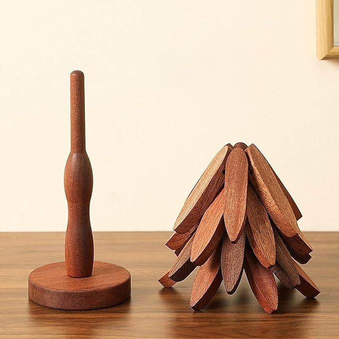 Natural Wood Tree Trivet Set, 𝐍atural Tree Trivet Set - 4 Wooden Trivets,4 Wooden 𝐓rivets & 1 Stand Like a Christmas Trees,for Hot Dish,Pot,Bowl,Teapot,Hot Pot Sets (Walnut Finish 4 Trivets,2set)