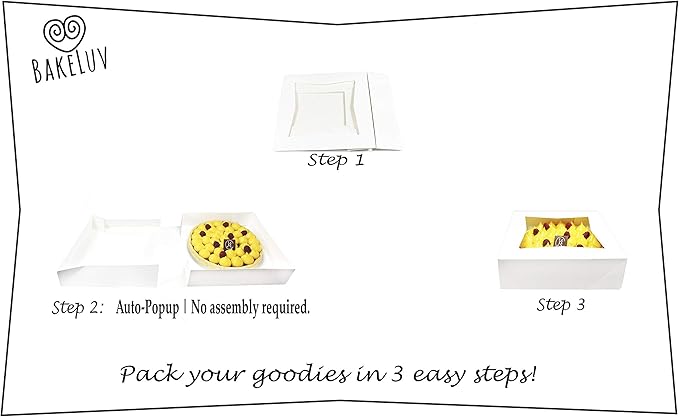 BAKELUV Pie Boxes for 9 Inch Pie | White, 12 Pack | 9x9x2.5 Bakery Box with Window, 9x9 Cookie Box, 9 Inch Pastry Boxes with Window Bulk, Cake Boxes, Auto Pop Up