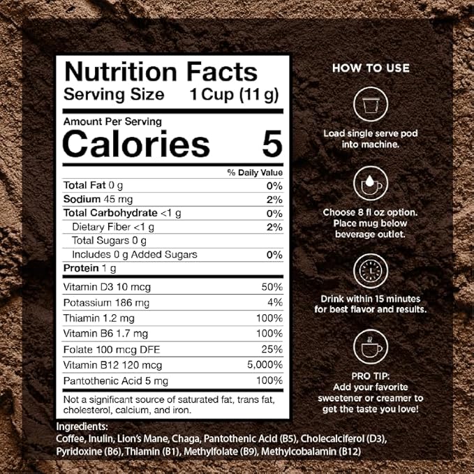 VitaCup Focus Mushroom Coffee Pods, Boost Focus & Immunity w/Lions Mane, Chaga, B Vitamins, D3 for Memory & Clarity, Medium Roast, Recyclable Single Serve Pod Compatible w/Keurig K-Cup Brewers,64 Ct