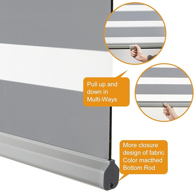 Persilux Cordless Zebra Blinds for Windows Free-Stop Roller Windows Shades (23" W X 64" H, Grey) Dual Layer Light Control for Day and Night, Light Filtering Sheer Shades for Home