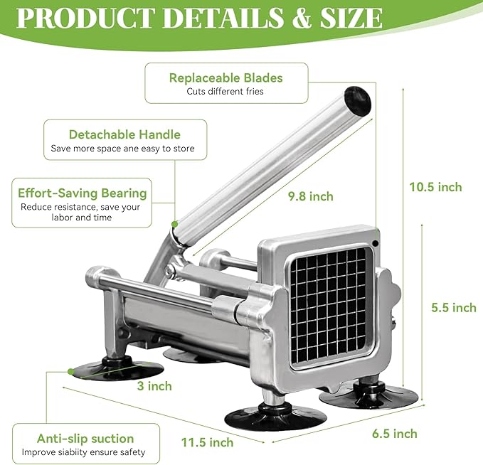 Commercial French Fry Cutter, Heavy Duty Potato Slicer with 3/8Inch Blade, Stainless Steel Potato ChopperFrench Fries Cutter with Suction Feet,