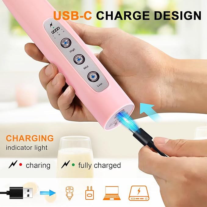 YUSWKO Pink Handheld Milk Frother Wand with Stand for Coffee, Rechargeable Electric Whisk with 3 Heads 3 Speeds Drink Mixer Coffee Frother For Latte, Cappuccino, Hot Chocolate, Egg