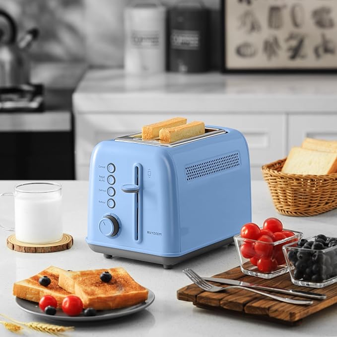 BUYDEEM DT620 2-Slice Toaster, Extra Wide Slots, Retro Stainless Steel with High Lift Lever, Bagel and Muffin Function, Removal Crumb Tray, 7-Shade Settings,Blue