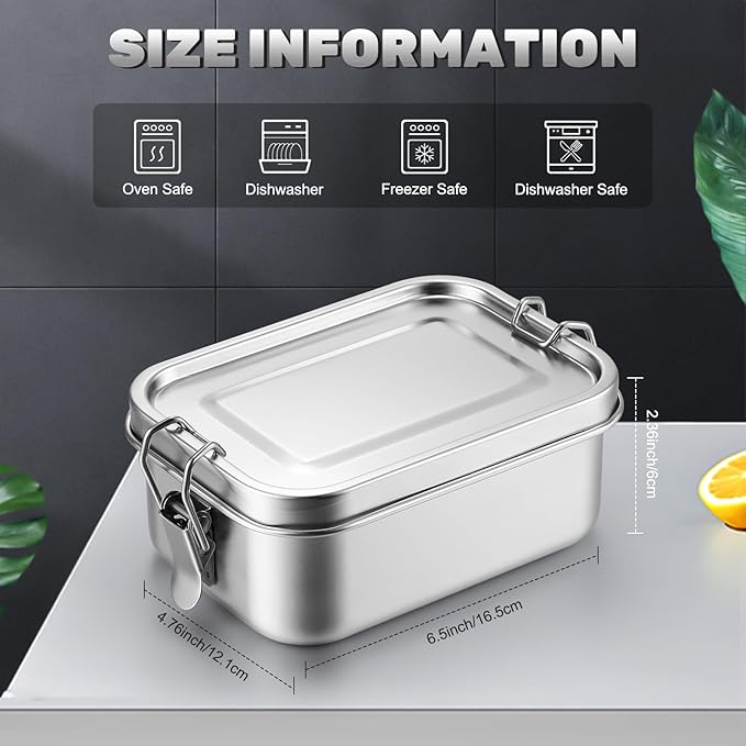 Umigy 1 Pcs Stainless Steel Food Containers 850ml Metal Bento Lunch Box Stainless Steel Food Storage Containers, Lockable Clips to Leak Proof, Reusable Dishwasher Snack Boxes for Work