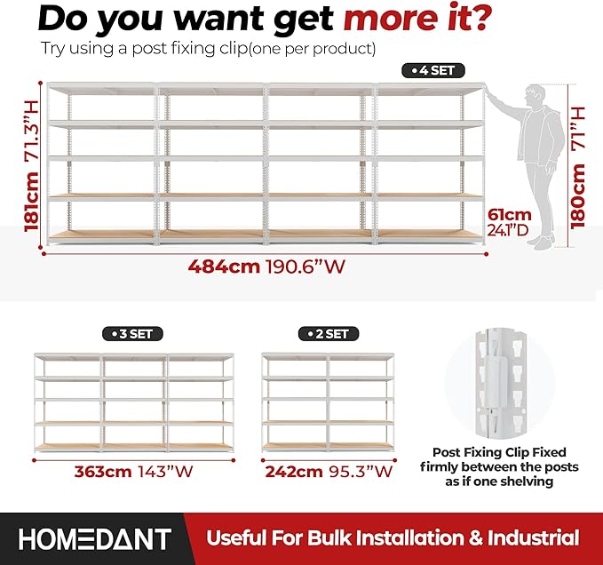 HOMEDANT White 5 Tier Laminated Boltless Heavy Duty Garage Storage Adjustable Wide Size Metal Shelving Unit Utility Rack Shelves Organization Shelf Shed Warehouse 47.7" W x 24.1" D x 71.3" H 1Pack