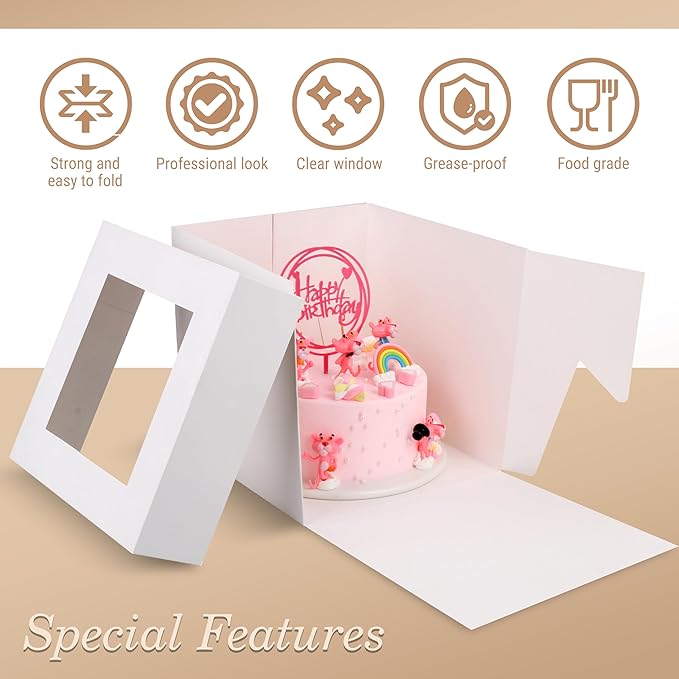 Cakebon Cake Boxes with Boards - 12 Inch Round Cake Drum White (3-pack) - Box With Window for Birthdays, Weddings and Parties