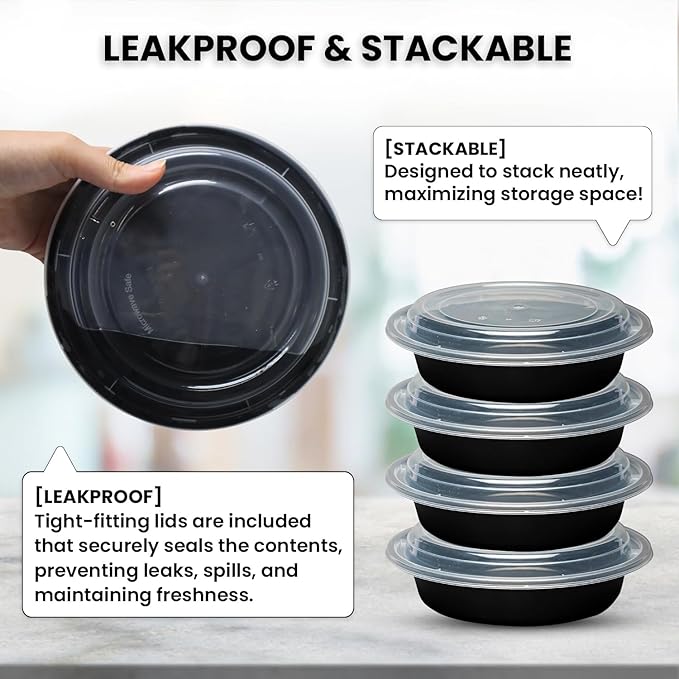 Klex 12 Oz, 50 Sets Meal Prep Containers with Airtight Lids, BPA Free, Reusable Plastic Food Container, 12 oz, Round, Black/Clear, 50 Sets