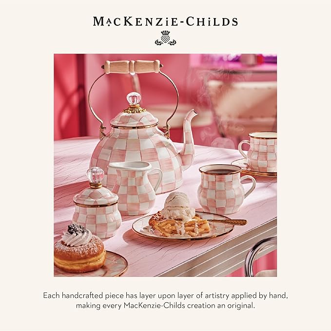 MACKENZIE-CHILDS Enamel Salad Serving Set, Enamel Bowl and Wooden Salad Servers, Decorative Kitchen Set, Pink-and-White Rosy Check
