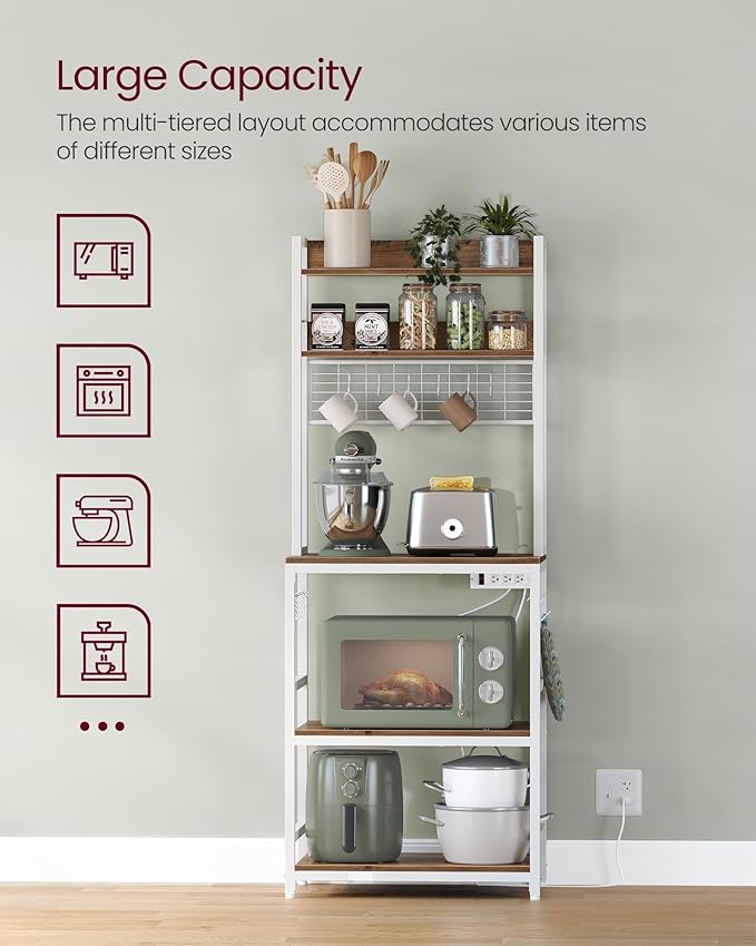 VASAGLE Hutch Bakers Rack with Power Outlet, 14 Hooks Microwave Stand, Adjustable Coffee Bar with Metal Wire Panel, Kitchen Storage Shelf, 15.7 x 23.6 x 66.9 Inches, Rustic Walnut and White UKKS037W41