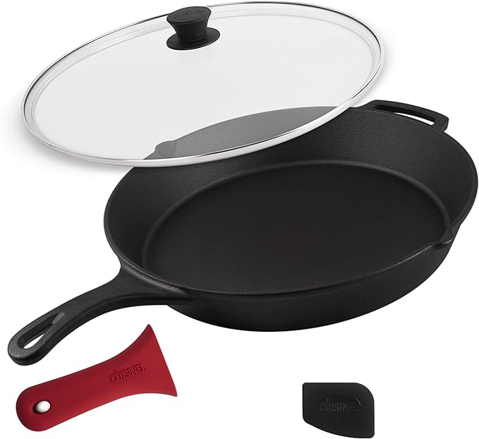 Cuisinel 15" Cast Iron Skillet + Glass Lid Cover + Black Pan Scraper + Silicone Handle Grip Cover - Pre-seasoned Kitchen Cookware - Indoor/Outdoor - Camping, Grilling, BBQ, Oven Use