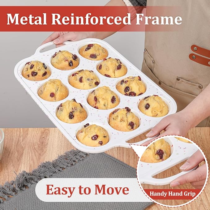 Silicone Muffin Pan with Metal Frame, Metal Reinforced Frame Regular Size Cupcake Pan with Handle 12 Cups Nonstick Muffin Pan for Baking BPA Free 2 Pack