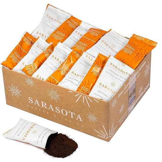 Sarasota Coffee Flavored Ground Packets | Southern Texas Butter Pecan | Gourmet Medium Roast Bulk Coffee Packs | Low Acid Mold Free Individual Pouches for 12 Cup | 2.5 Ounce Bags, 36 Count