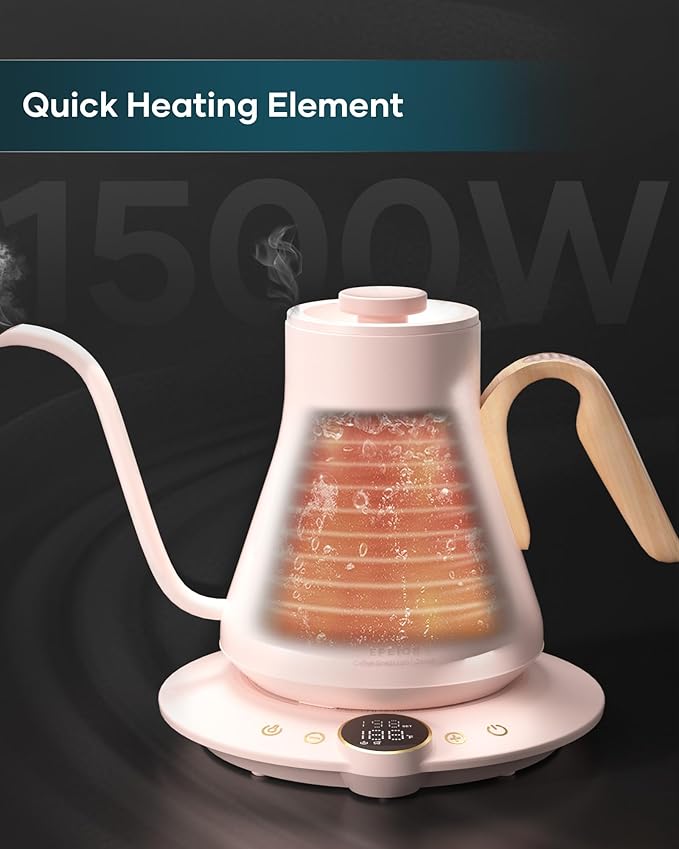 Gooseneck Electric Kettle with ±1℉ Temperature Control for Pour Over Coffee & Tea, Quick Heating, BPA-Free Stainless Steel, Built-in Brew Timer, 1500W/0.9L (Petal Pink)