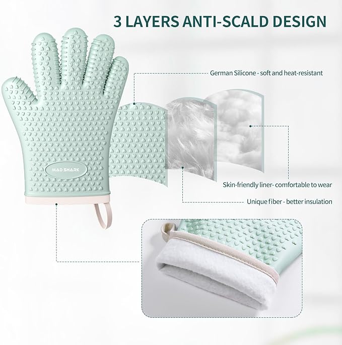 MAD SHARK Silicone Oven Mitts Heat Resistant 450 Degrees,Waterproof & Non-Slip Oven Gloves with Fingers,Cotton Lined Silicone Oven Gloves Kitchen Mitts for Baking Cooking Barbecue,Women (Green)