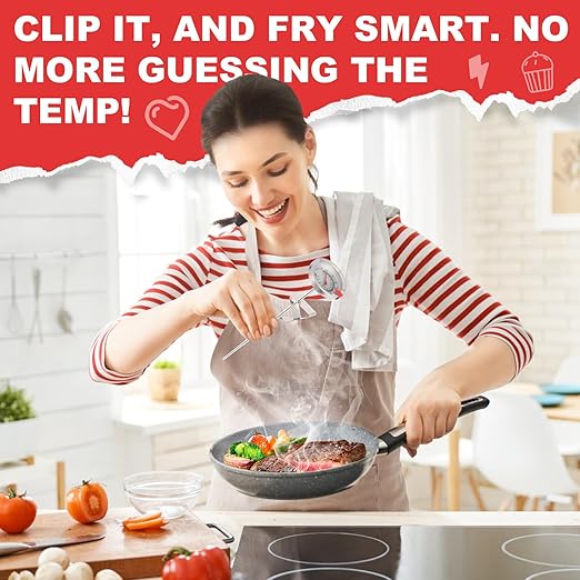 Candy Thermometer Waterproof IP67 - Oil Thermometer for Frying with Clips - 9" Side of Pot Thermometer Deep Fry for Oil Candy Candle BBQ - Silver