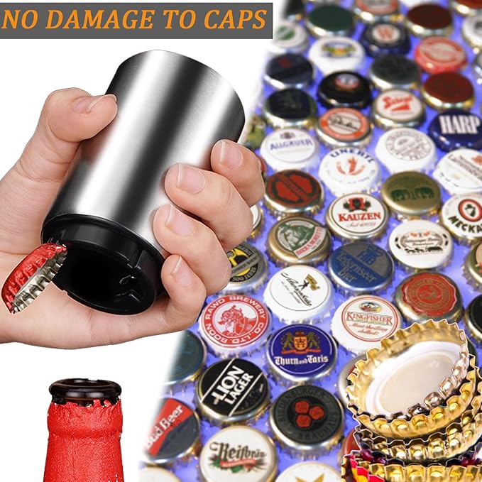 2PCS Pop-the-Top Beer Bottle Opener, Metal Automatic Magnetic Glass Bottle Cap Openers, Wine Bartender Tool Cap Catcher for Bar, Party, Wine Ceremony, Restaurant Household Utensils, Easy to Use-Silver