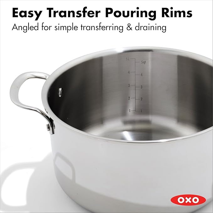OXO 13 Piece Stainless Steel Cookware Set, Tri-Ply Multiclad Pots & Pans, PFAS-Free Ceramic Nonstick Coated Frying Pans, Induction Compatible, Dishwasher & Oven Safe, Sauce, Stock, Saute, Silver