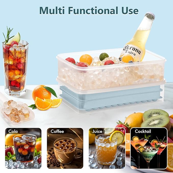 WIBIMEN Mini Ice Cube Trays, Small Tiny Round Pebble Crushed Nugget Ice Trays for Freezer with Lid - Chilling Drinks Coffee Juice(2 Pack/0.55In - Blue)