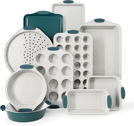 Country Kitchen Nonstick Stackable Bakeware Set - Heavy Duty, Durable, Easy Release Baking Set, Sage, 10 Pcs