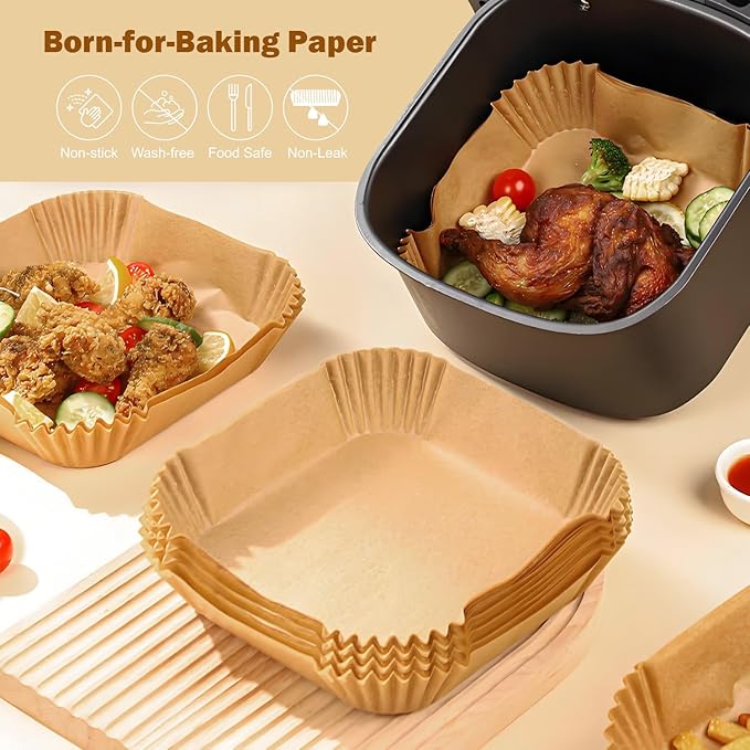 200 Pcs 6.5" Air Fryer Liner,Square Baking Parchment Airfryer Paper Unbleached Disposable Non-stick & Non-Leak & Non-Washing Paper Liner for 3-5 QT Air Fryer Basket