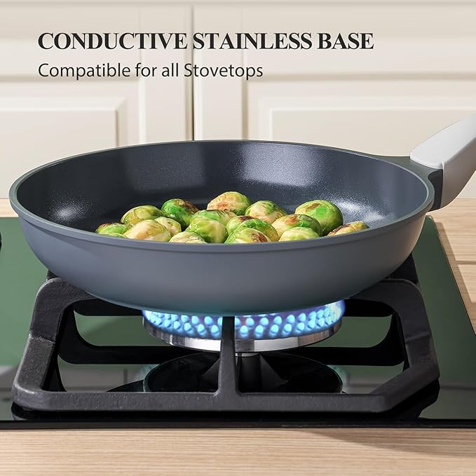 PRICUSIS Nonstick Ceramic Frying Pan with Lid, Non Toxic Skillet, Healthy Egg Pan Nonstick Omelet Pan Chef's Pan, PTFE PFOA & PFAS Free, Induction Compatible (8Inch W/L)