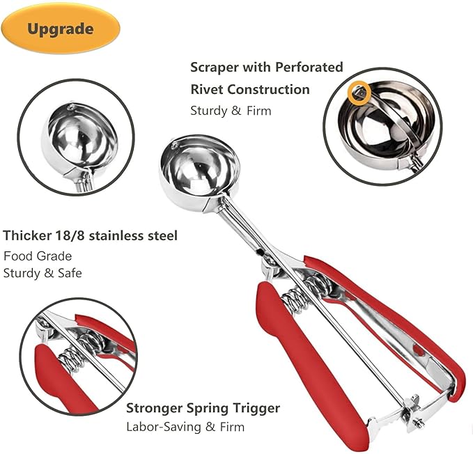 Red Cookie Dough Scoop - 5.3 Tbsp/ 80 ml/ 2.7 oz Stainless Steel Ice Cream Scooper with Trigger Release