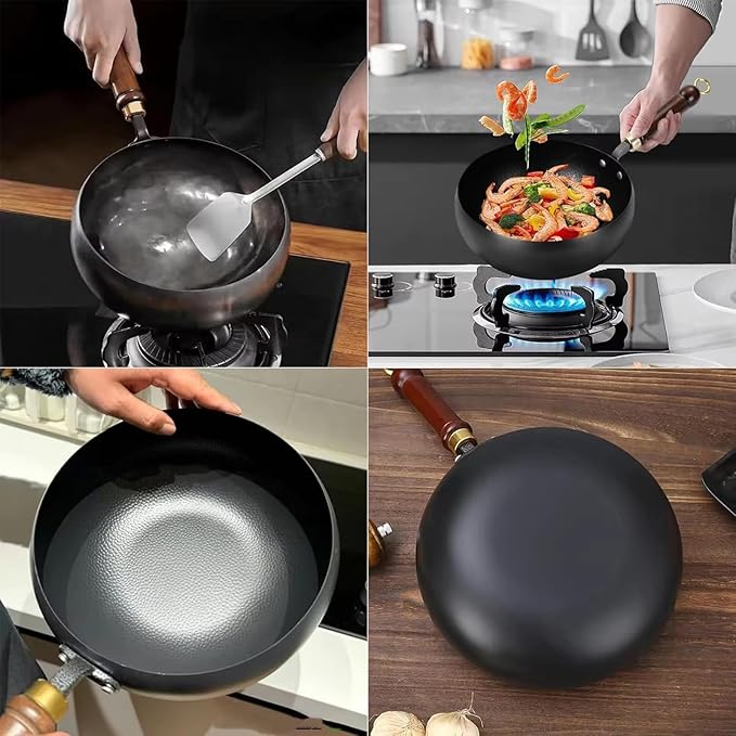 Jinswhdre Cast Iron Skillet, 9.5/11in Jinswhdre Japanese Irons Pan, Hand Forged Uncoated Iron Pan with Lid Spatula, Non-stick Wok for Cooker Gas Stir Fry Pans Durable and Rust-Free (No Lid,9.45in)