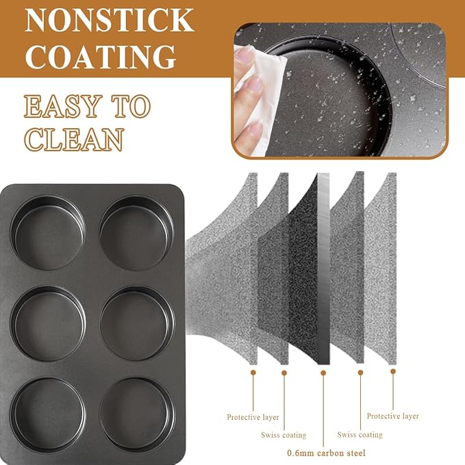 6 Cup Straight Side Jumbo English Muffin Cupcake Pan with Lid Hamburger Burger Bun Egg Sandwich Frittata Cinnamon Roll Focaccia Quiche Pancake Nonstick Baking Tin Tray Mold