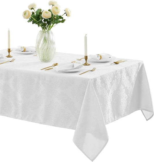 Newbridge Barcelona Luxury Damask Fabric Tablecloth, 60” Wide x 84” Rectangle, White, 100% Polyester, No Iron, Soil Resistant Dining Room, Party and Banquet Table Cover