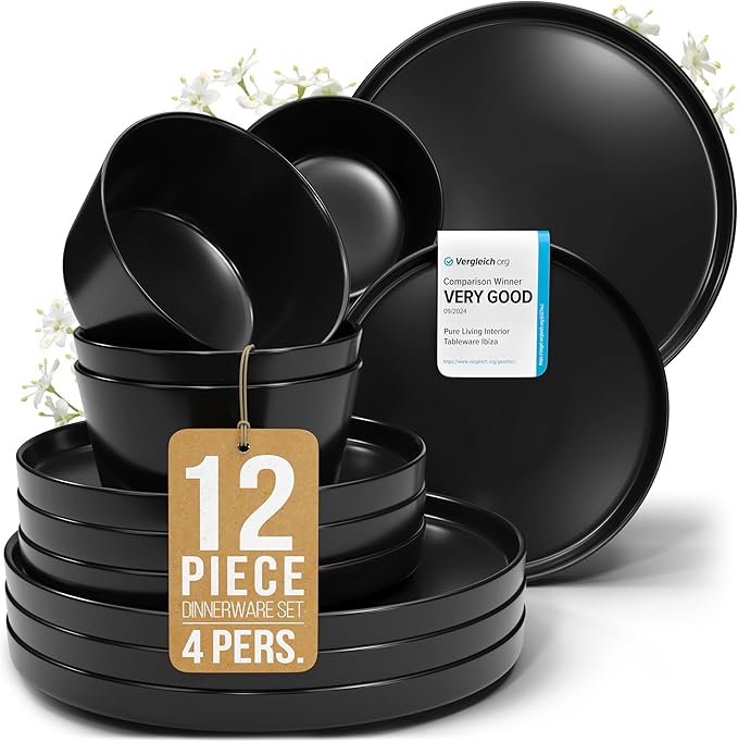 Stoneware dinnerware set 4 persons 12 pcs – Matte black plates and bowls set – Dishwasher, microwave and scratch resistant – Bowl and plate set – Dinner service Pure Living
