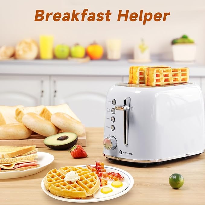 Aigostar Retro 2 Slice Toaster - Stainless Steel, Extra Wide Slots, Bagel Function, Cancel & Defrost, 6 Shade Settings, Removable Crumb Tray, White