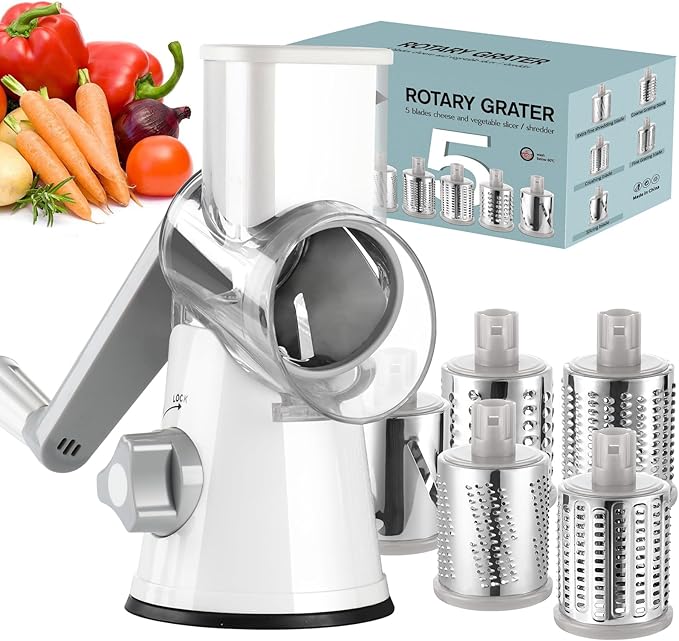 Ourokhome Rotary Cheese Grater Hand Crank, Kitchen Shredder Speed Mandolin Slicer Ice Shaver with Handle and Drum Blades for Cheese, Vegetable, Nuts, Chocolate, Potato, Carrot, 5 Blades, White