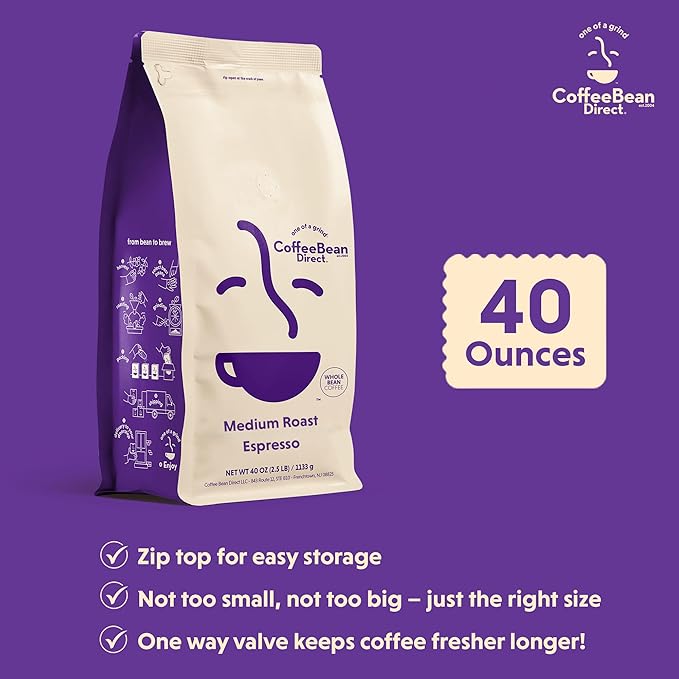 Coffee Bean Direct Medium Roast Espresso, Whole Bean Coffee, Medium Roast, 2.5 Pound Bag (Pack of 1)