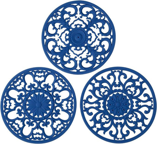 Extra Thick Silicone Trivet Mat for Hot Dishes, Hot Pots and Pans, Pot Holder, Hot Pad to Portect Your Table and Countertop, Kitchen Decor and Accessories,Navy Blue, Set of 3