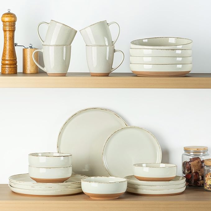 AmorArc Ceramic Dinnerware Sets with Pasta Bowls for 6, Handpainted Plates and Bowls Set with Rustic Terracotta Underside, Scratch Resistant Dishes Set, Dishwasher & Microwave Safe, 24 Pcs