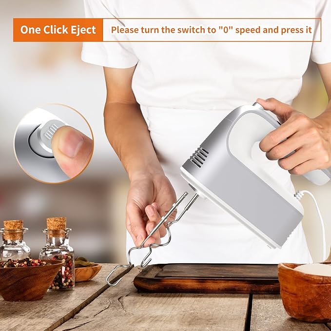 9-Speed Digital Hand Mixer Electric, 400W Powerful DC Motor, Baking Mixer Handheld with Snap-On Storage Case, 5 Stainless Steel Accessories, Flat Beaters, Dough Hooks, Whisk (Silvery & White)