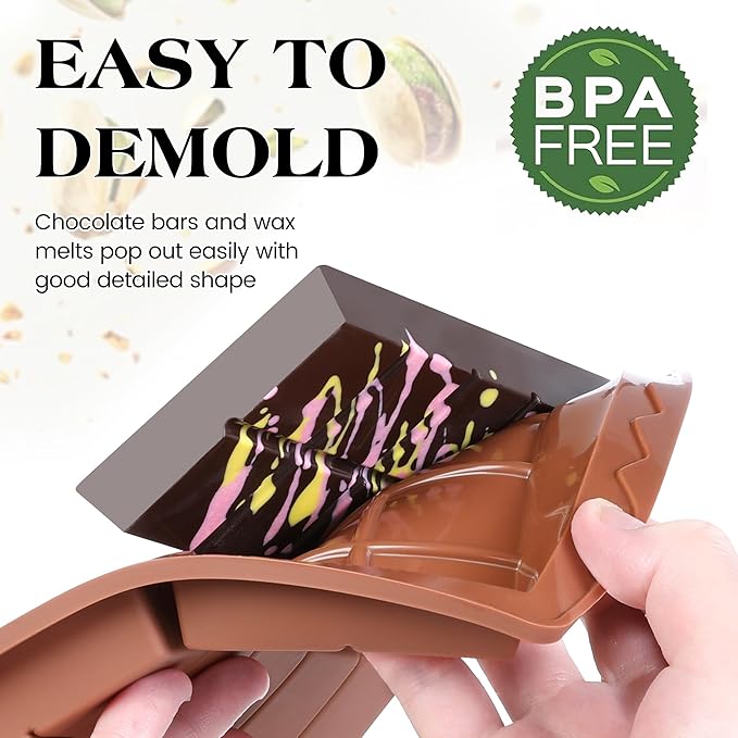 2 Pcs Chocolate Bar Mold Deep Dubai 0.85 Inch Stuffed Chocolate Molds Silicone Large Break Apart Silicone Molds (10 Snap + Pyramid）