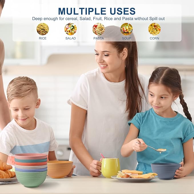 HOTEC BPA Free Unbreakable Wheat Straw Cereal Bowls - Microwave & Dishwasher Safe Soup and Salad Bowls, Set of 8, 26oz, Multicolor