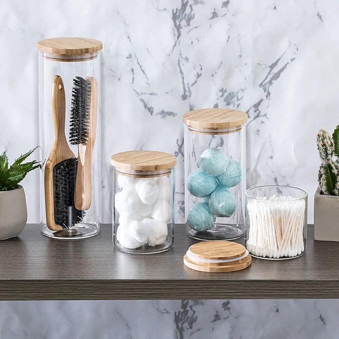Set of 5 Glass Kitchen Canisters with Airtight Bamboo Lid - Glass Storage Jars for Pantry Organization and Bathroom for Flour, Coffee, Cookie Jar, Candy, Snack, Pasta, Rice, Sugar Packet Holder