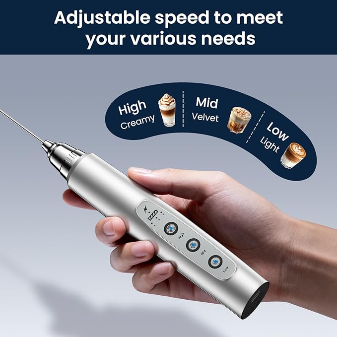 Milk Frother Rechargeable Handheld-Electric Whisk 3 Speed Adjustable, Coffee Frother Wand with 3 Stainless Whisks, Electric Foam Maker, Drink Mixer Blender for Latte Cappuccino Matcha Egg