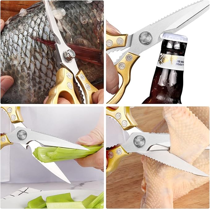 Kitchen Scissors, Heavy Duty Sharp Shears Dishwasher Safe, Kitchen Accessories Cooking Shears for Meat Chicken Fish Poultry Herb Bread (gold)