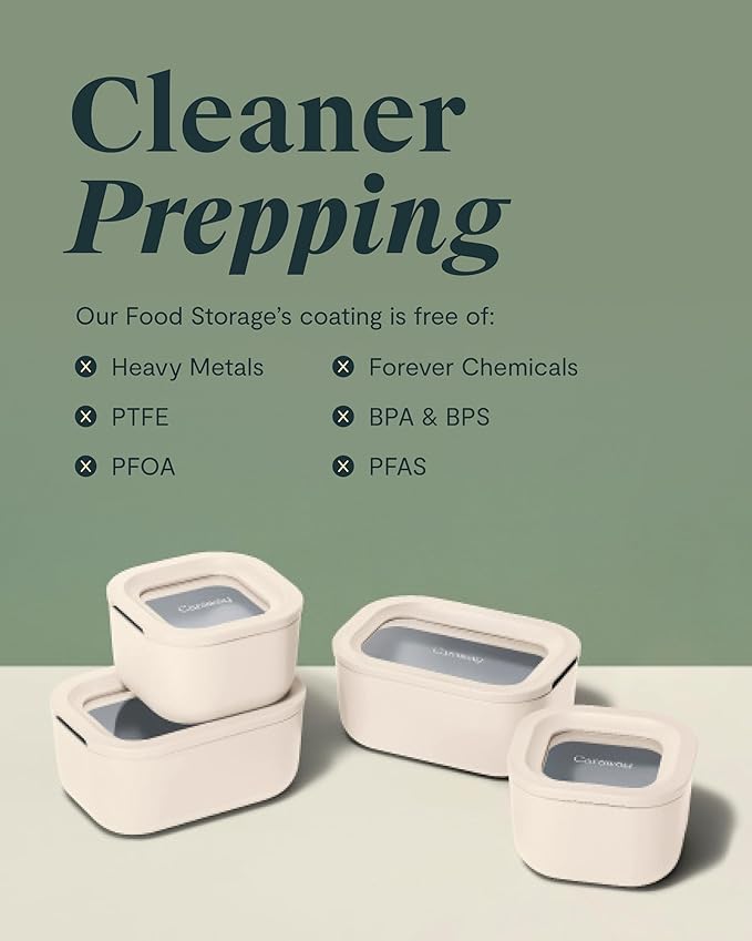 Caraway Mini Food Storage 9pc Set - Glass Storage Containers for Food - Non-Toxic Ceramic-Coated Glass - Air Release Technology - Compact & Stackable Design - Perracotta